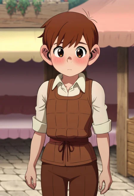 chilchuck tims with tiny ear, brown hair, brown eyes, solo, wear crop clothes, walking in market, blush, medium build body,