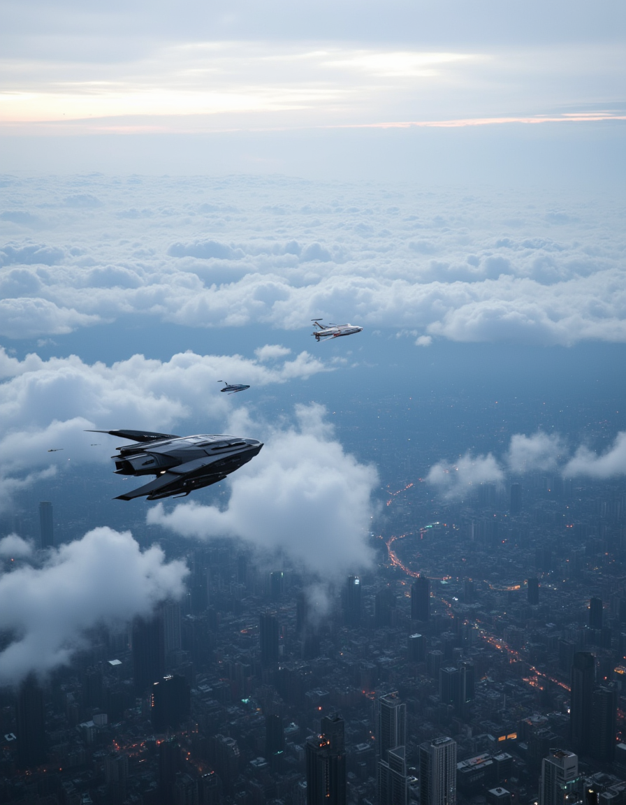<lora:City_Worlds_01_Effects_fluxc:1> photo, citybkg, cyberpunk, ambiance, day, clouds, in a vast valley, tiny spaceships in the sky, detailed, tiny elevated highways, tiny design buildings, futuristic, far above view, high buildings, illuminated, city lights, city in the clouds, lots of clouds, haze in the background, epic scale, phot22,