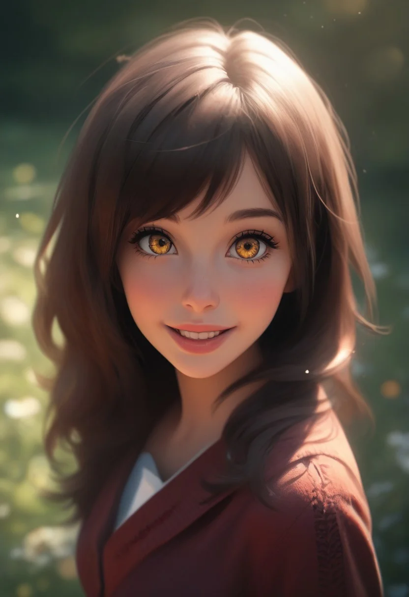 score_9,score_8_up,score_7_up,score_6_up, girl, 22 years old, amber eyes, red lips, bushy brown hair, wearing a school girl uniform, 1 girl, standing, happy, from above, looking at viewer, lush garden background, cinematic colors, cinematic light, bokeh, xaxaxa 1_style