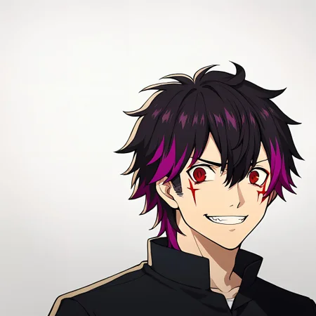 Score_9, score_8_up, score_7_up, source_anime, cowboy shot, masterpiece, best quality, upper body, portrait, (white background), solo, solo focus, 1boy, ((black hair)), short hair, spiky hair, ((hair straight up)), (hair between eyes), sharp top hair, ((slicked hair)), (((red eyes))), demonic eyes, ((purple string on bangs:1.3)), (colored bangs), (purple bangs), sharp teeths, smile grin, two colored hair, ((two-tone hair)), ((streaked hair:1.3)), (multicolored hair), purple hair, ((red eye tattoos)), (purple colored inner hair), <lora:colored inner hair:1>, ((purple hair tips)), <lora:_sdxl-gakuran-pony:0.8> (((black gakuran)))