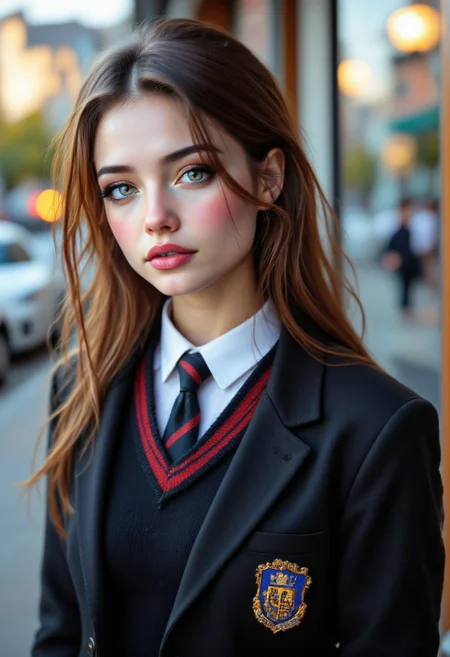 (4k, RAW photo, best quality, perfection style, 50mm, depth of field, ultra high res:1.1),(intricate, photorealistic, low angle, cinematic-shot, masterpiece, ultra-detailed:1.1). Wearing a black blazer adorned with a school crest on the left breast pocket and a black pleated skirt and a black tie with red and blue stripes, she has sheer black tights, Her makeup showcases bright eye shadow in hues of green and purple, paired with bold eyeliner and a hint of natural freckles. She radiates a delightful innocence while tastefully displaying some skin. Her youthful appearance is accentuated by a delicate figure, including a boastful bust and toned torso, she has slight abs. A slim waist enhances her femininity, highlighted by her graceful silhouette and well-defined collarbone, aidmafluxpro1.1, aidmaMJ6.1, in the style of Jed-clrfl, candy colors in the style of ckcf,