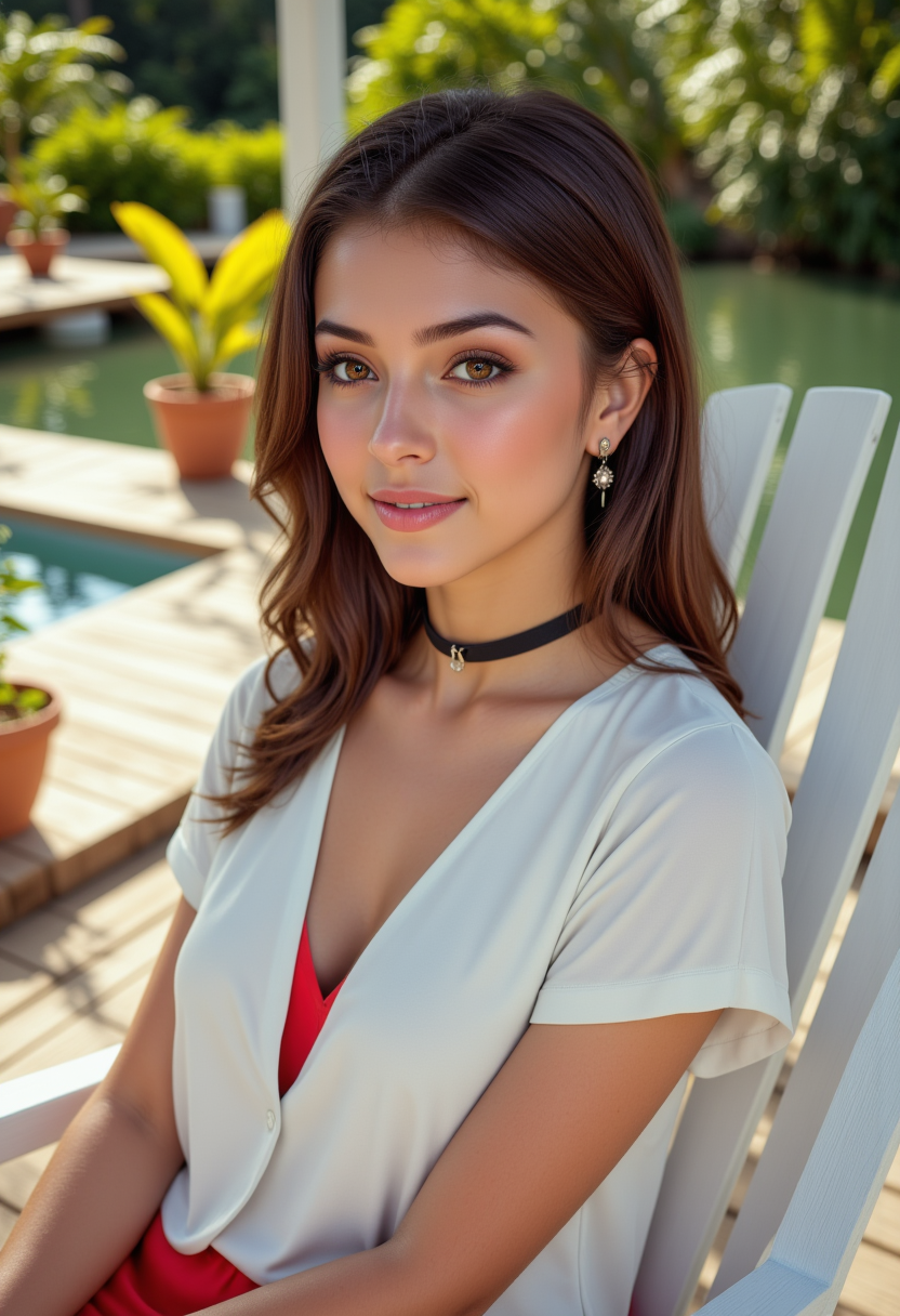 modeling poses, She is approximately 18 years old, she is smiling, dynamic angles, multiple angles,She is looking at the camera, photoshoot poses; A photo of Amanda_V2, a woman with brown hair, is posing for the camera. a woman with brown hair, wearing a black choker necklace, wearing a white shirt and red undershirt, a woman with large breasts, she is sitting in a white deck chair, on a dock lined with flower pots, a beautiful pond in the background, The woman has long hair and is wearing a necklace. . The scene is set in a cozy and inviting atmosphere, with the woman being the main focus of the image. Huge breasts, busty breasts, she has the perfect milf body, thin waist, wide hips, golden triangle, she is posing for the camera with a smile on her face. Style: realistic hyper-detailed rendering, 32k UHD, expressive eyes, punk, graphic design, girl's face, pretty and cute, gleaming lips, telling a tale of adventure. Exuding confidence and serenity. The overall mood of the image is happy and relaxed,detailed skin texture,(blush:0.2),(goosebumps:0.3),subsurface scattering,with a playful and whimsical tone, aidmafluxpro1.1, retro50s_style, perfect hand, detailed hand,  looking at camera, looking at viewer, looking at camera, she is looking at the camera,