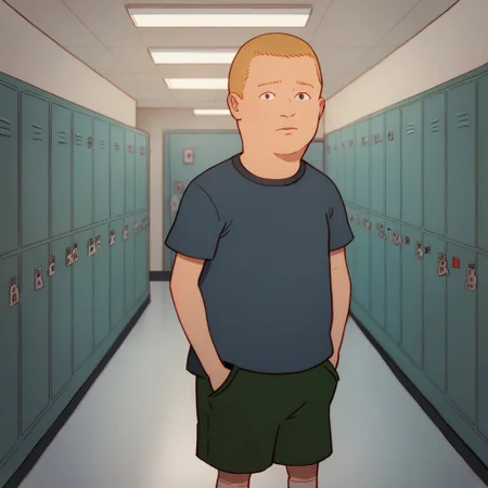 score_9, score_8, score_7, break, bobby_h, solo, male child, 1boy, blonde hair, short hair, shirt, shorts, hallway, lockers, hands in shorts pockets, looking at viewer