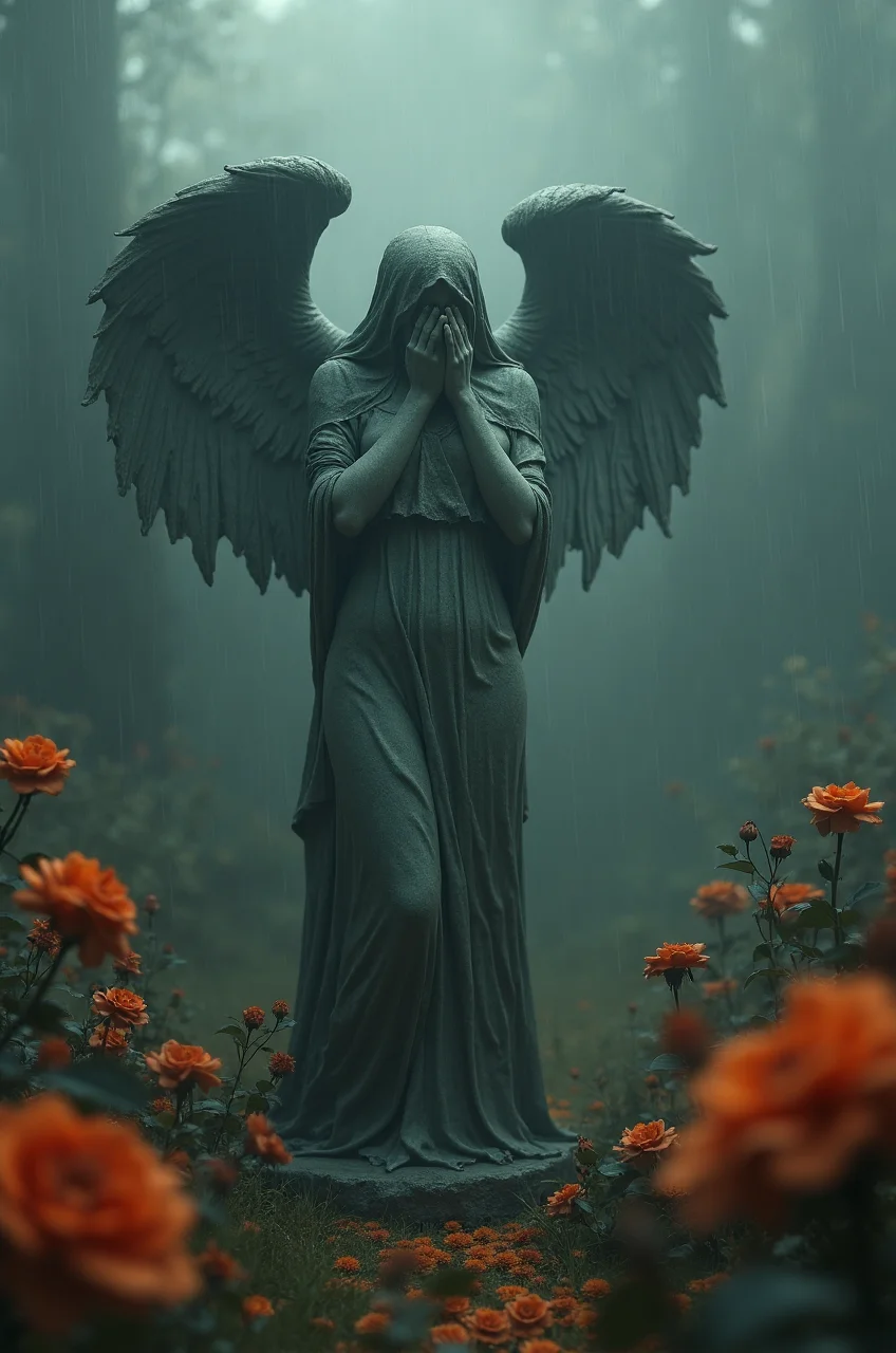 presents an enigmatic victorian garden, orange roses, gothic, rain and fog, halloween, full body, woman statue, weeping statue, angel of death, patina, swirling mist, thick fog, hyperdetailed, photorealistic, hyper realistic, cinematic lighting, volumetric lighting, intricate detail, unreal engine 5, in the style of pictorialism influence the (essence of Sophie Wilkins' fantastical, dark background, Peter Holme III's, and Pipilotti Rist's bold art). forms beings, abstract composition, fantastical illustrations, bold art, morphing shapes, while the surrounding darkness imbues the image with an air of mystery and secrets untold. lending an air of melancholy to this cinematic masterpiece.