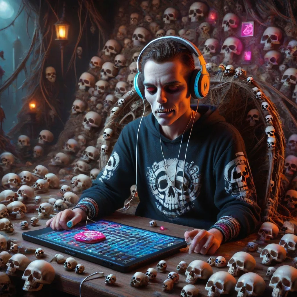 skull candy earbuds, colorful, electronics, slimes_skullwm, made of skulls, product image, marketing image, skeleton, listening to music, headphones