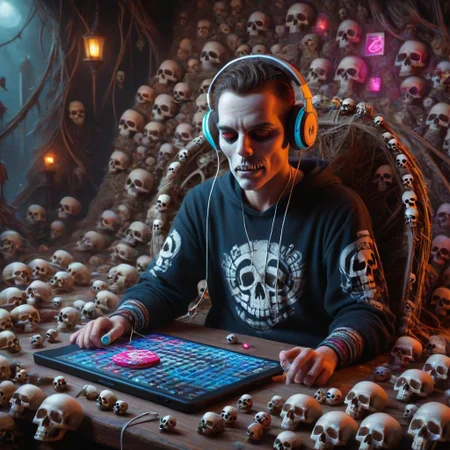 skull candy earbuds, colorful, electronics, slimes_skullwm, made of skulls, product image, marketing image, skeleton, listening to music, headphones