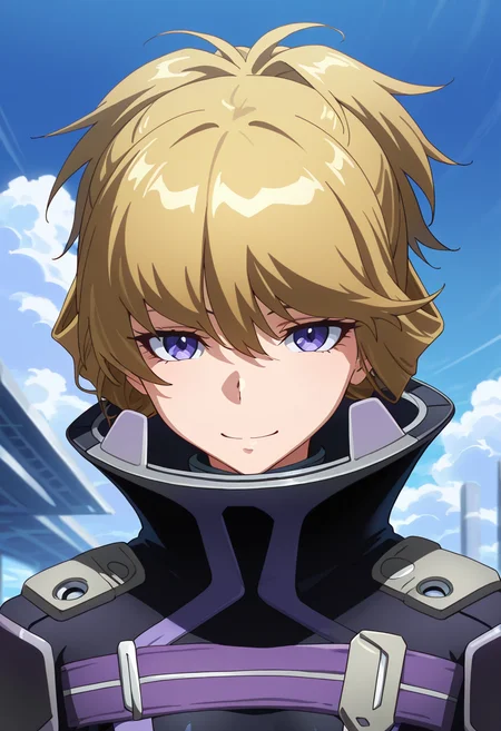 masterpiece, best quality, amazing quality, very aesthetic, absurdres, newest, illustration, perfect composition, intricate details, highres, anime coloring, general, 1girl, solo, (portrait:1.2), keiww, purple eyes, blonde hair, hair up, short hair, short ponytail, bangs, hair between eyes, flat chest, keipilot suit, high collar, breasts, black bodysuit, pilot suit, black gloves, covered navel, looking at viewer, smile, outdoors, day, shiny body, shiny skin, skindentation, clear skin, shiny hair, ultra detailed eyes, depth of field, sharp, intricate details, hyperdetailed, ultra-detailed, detailed clothing folds, high contrast, dynamic light <lora:Kugimiya_Kei_Majestic_Prince_ill:1>