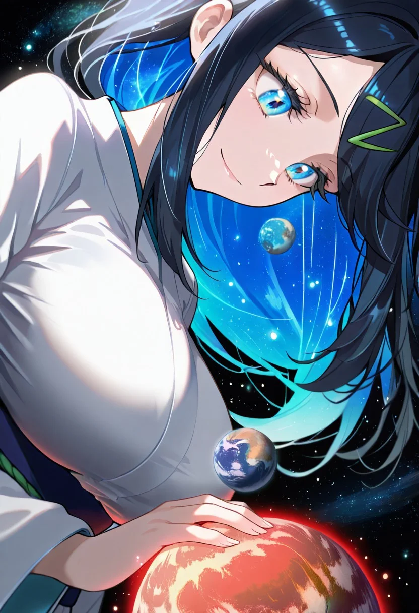 score_9, score_8_up, score_7_up,source_anime, 1girl, adult, women, aaliko, long hair, black hair, colored inner hair, hairclip, blue eyes, kimono dress, eyelashes, big breasts, (facial expression, calm, light smile, looking down, head tilt, soft eyes), sparkling eyes, glitter eyes, dreamlike atmosphere, glowing edges, mystical, high contrast, ethereal light, light particles, gl0w, glow, detailed eyes, high definition eyes, blurry foreground, giantess, (planet size: 2.0), red space, masterpiece, best quality, absurdres, ultra detailed, side view,