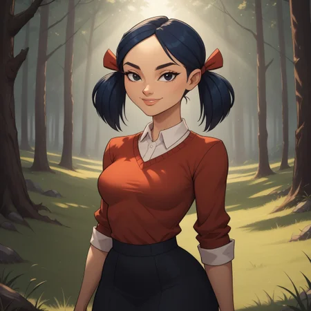 score_9, score_8, BREAK, solo, red sweater, 1girl, white undershirt, black skirt, navy blue hair, black eyes, lips, twintails, breasts, total drama, Kitty_(\Total_Drama\), tdtrr, cute, sexy pose, smile, outdoors, sunlight, shadows, evening lighting, natural lighting, forest, trees, grass, orange sky, sunset