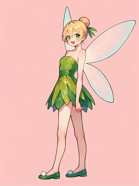 score_8_up, score_7_up, score_6_up, source_anime, 1girl, solo, simple background, pink background,
standing, pose, contrapposto, arched back, facing viewer, full body
happy,blonde hair, hairbun, hair between eyes,
strapless dress, green footwear, fairy wings <lora:Tinker_Bell:1>