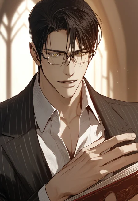 S42BL, BLMANHWA, score_9, score_8_up, score_7_up , muscular, handsome, 1boy, adult, teacher, tight collared shirt, holding book, description glasses, class, cinematic, realistic skin texture, sultry, looking at viewer, parted lips, black hair, olive eyes, slick back hair, wide shot, seductive, sexy, lewd