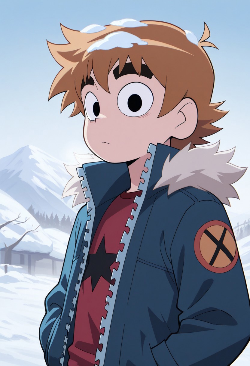 masterpiece,best quality,amazing quality, source_anime,
scotpilgr, 1boy, male focus, solo, black eyes, brown hair, short hair, shirt, red shirt, jacket, blue jacket, fur trim, open jacket, snow in hair,
outdoor,