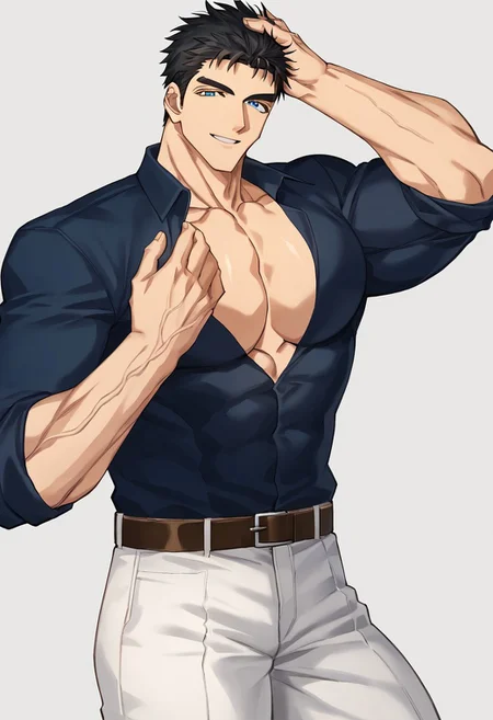 Artist6p, Artist04p, solo, looking at viewer, smile, short hair, blue eyes, shirt, black hair, 1boy, white background, thighs, collared shirt, belt, pants, black shirt, muscular, thick thighs, blue shirt, pectorals, muscular male, bara, large pectorals, veins, white pants, brown belt, tight, hand on own head, partially unbuttoned, pectoral cleavage, male focus, style
