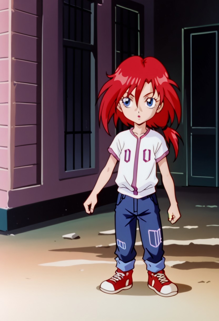 score_8, score_8_up, score_7_up, AWGXS, anime screenshot, retro artstyle,1990s (style), cel animation, 1girl, female focus, solo, Pep_pum, red hair, pointy hair, low ponytail, short ponytail, blue eyes,baseball jersey, number print, short sleeves, asymmetrical clothes, jeans, blue pants, reinforced knee, sneakers, red footwear, outdoors, ruins, standing, full body