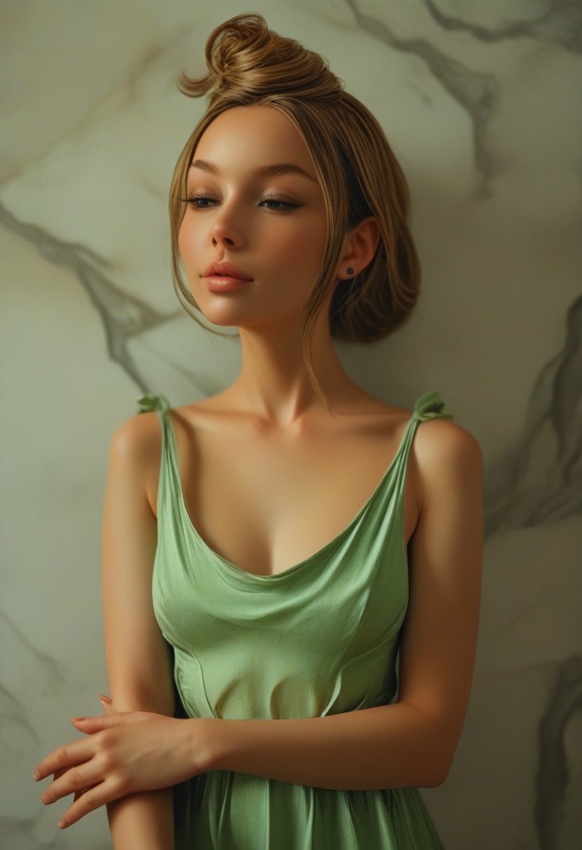 score_9, score_8_up, score_7_up, realistic skin texture, detailed photorealistic picture, HD32k, score_9, score_8_up, score_7_up, best qualoty, masterpiece, Newstar, 1girl, solo, green dress