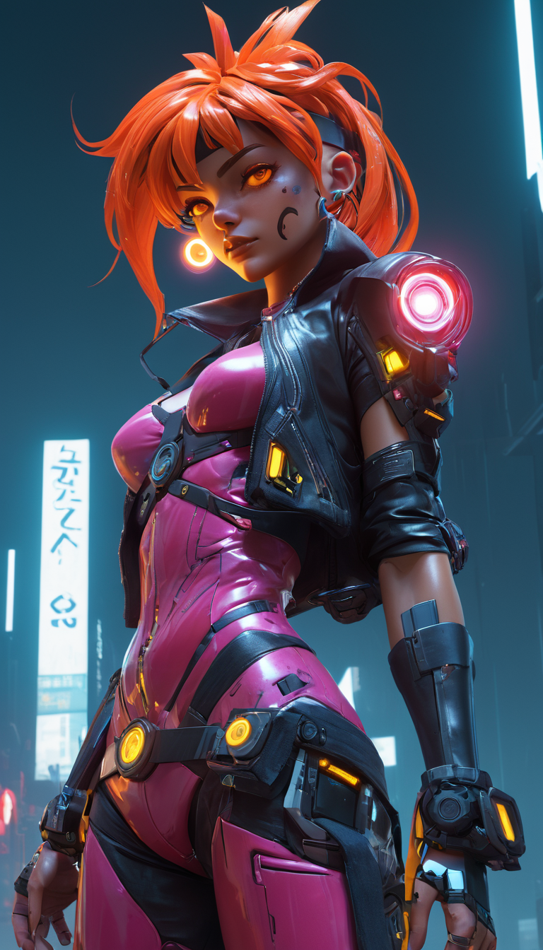 Lina Inverse, (reimagined in a cyberpunk universe), (cyberpunk style), (cyberpunk), (cyberpunk outfit), augmentation, cybernetics, (cyberpunk outfit), (punk hair), glowing neon lights, cinematic scene, hero view, action pose, masterpiece, best quality, high quality, absurdres, vivid <lora:lina_inverse_xl_v1:1>, detailed skin texture, (blush:0.5), (goosebumps:0.5), subsurface scattering