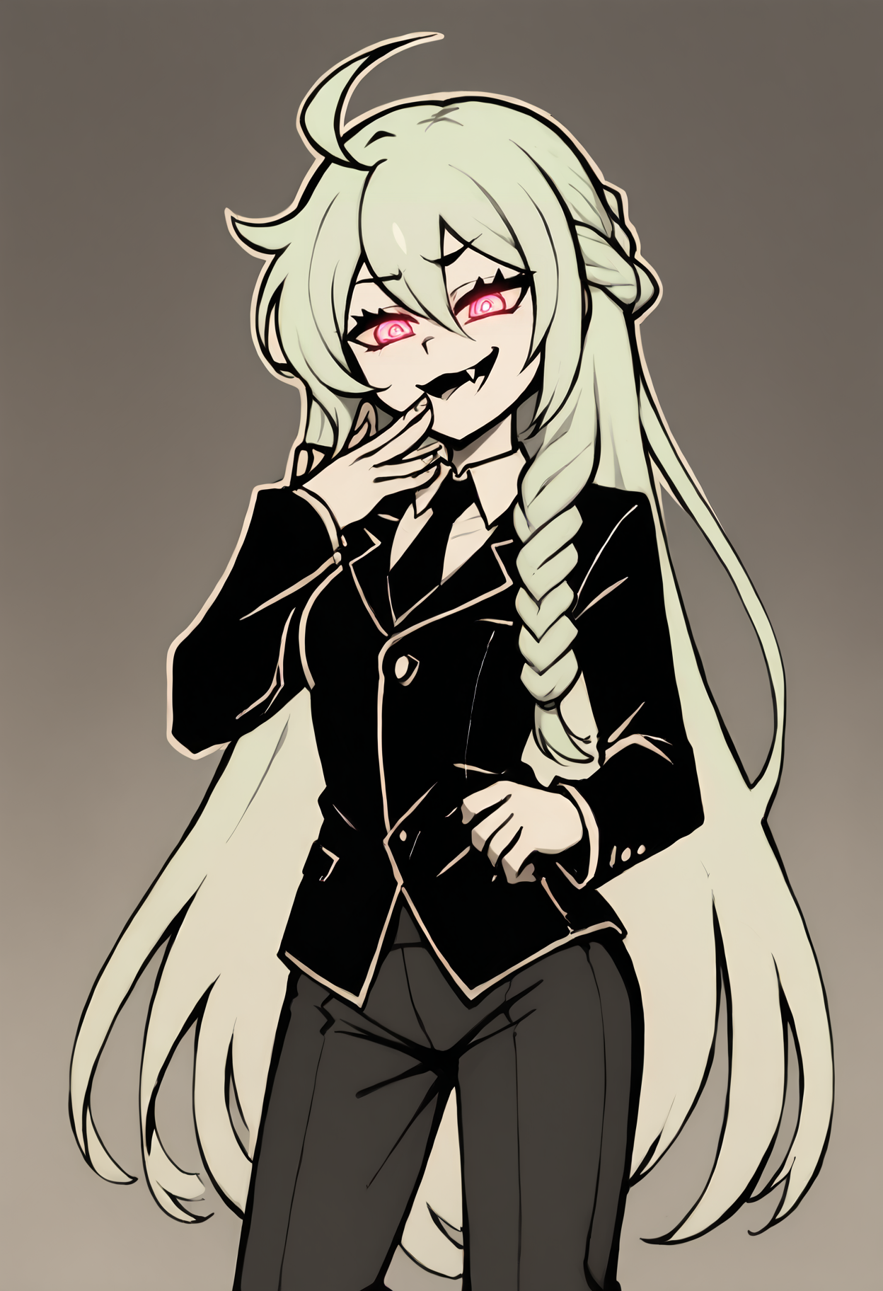score_9, score_7_up, source_anime, uncensored, zPDXLxxx, <lora:intricate_details:1> intricate_details_xl, gradient background, (exploration:1.15) gradient background, cowboy shot <lora:ponyxl-the_coffin_of_andy_and_leyley-style-v03:1> by nemlei, the coffin of andy and leyley
1girl, solo, adult, light green hair, braided bun, absurdly long hair, hair intakes, ahoge, crazy eyes, glowing eyes, diamond eyes, looking at viewer, suit,  <lora:Mesugaki_Concept_v1.1:0.8> mesugaki, smug, skin fang, hand to own mouth