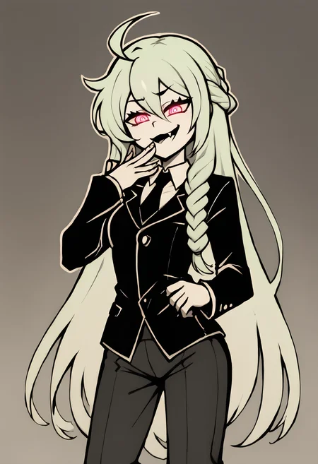 score_9, score_7_up, source_anime, uncensored, zPDXLxxx, <lora:intricate_details:1> intricate_details_xl, gradient background, (exploration:1.15) gradient background, cowboy shot <lora:ponyxl-the_coffin_of_andy_and_leyley-style-v03:1> by nemlei, the coffin of andy and leyley
1girl, solo, adult, light green hair, braided bun, absurdly long hair, hair intakes, ahoge, crazy eyes, glowing eyes, diamond eyes, looking at viewer, suit, <lora:Mesugaki_Concept_v1.1:0.8> mesugaki, smug, skin fang, hand to own mouth