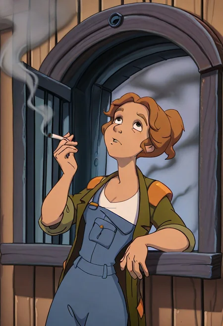 score_9, score_8_up, score_7_up, score_6_up, score_5_up, score_4_up,(masterpiece, best quality, very aesthetic, absurdres,ultra-detailed,hires,8K), BREAK , DisneyRenstyle
DeToni, green jacket, shoulder patches, denim overalls, White Undershirt, one strap lowered, holding cigarette, leaning out of window, elbow on window frame, looking up, smoke, rusty house,