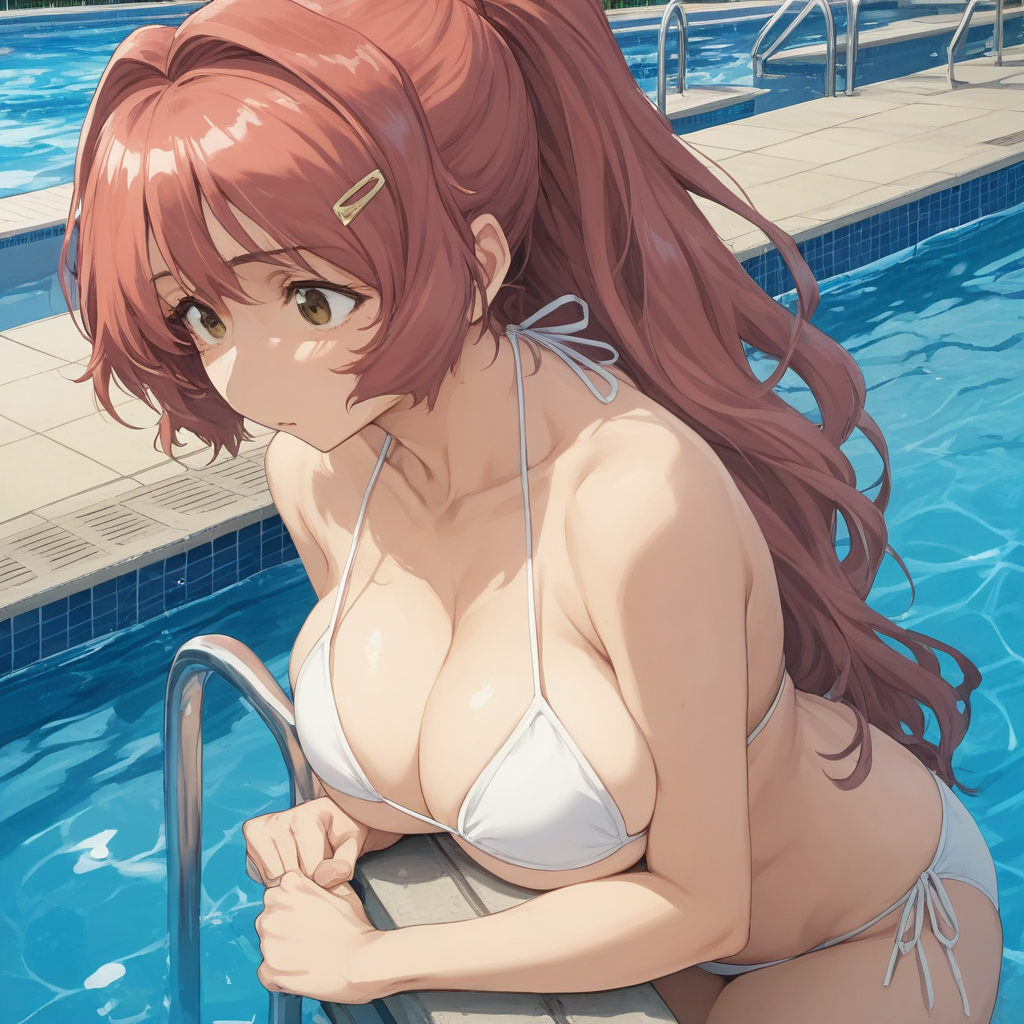 source_anime, ((score_9)),score_8_up,score_7_up,score_6_up,score_5_up,score_4_up, takama_kozue, t4k4m4k0zu3, 1woman, large breasts, brown_eyes, long hair, red hair, hair intakes, bang, sidelocks, ponytail, hairclip, white bikini, pool, masterpiece, best quality