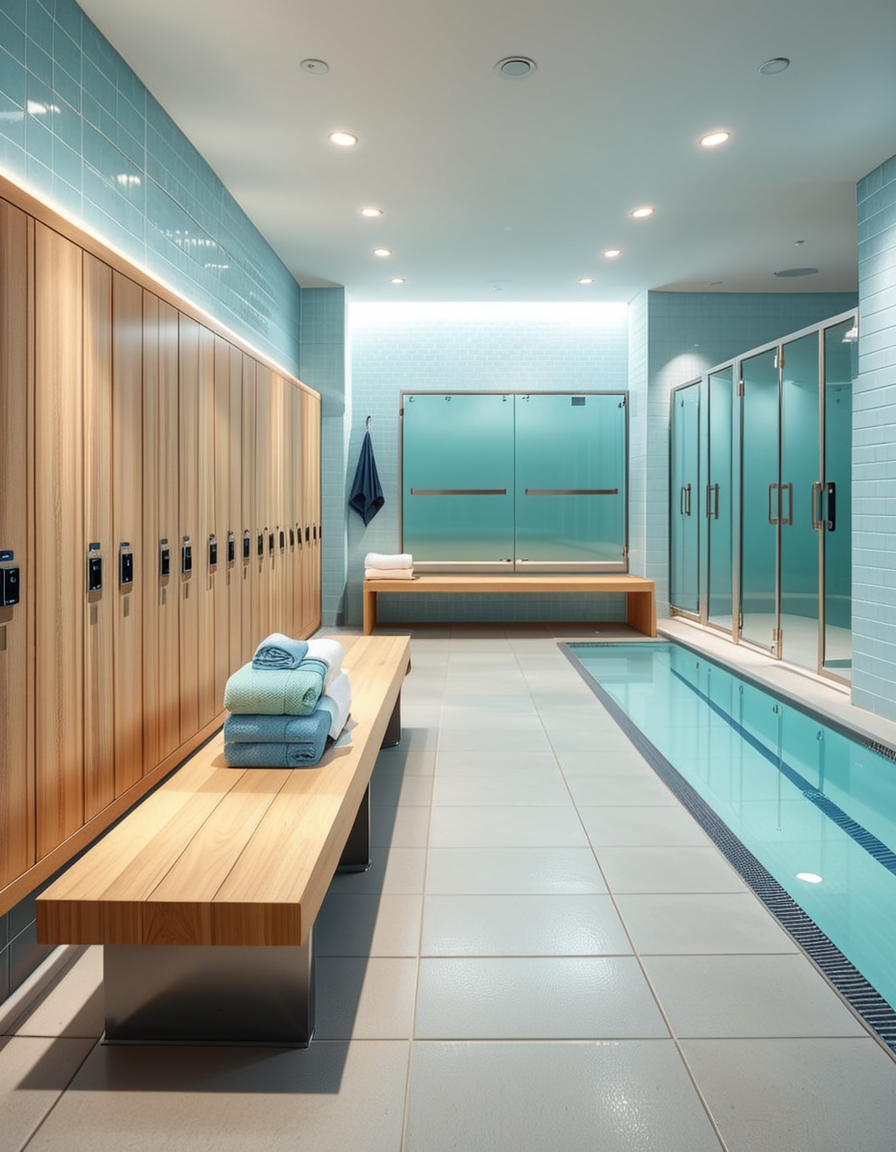 A realistic photograph of a modern swimming pool changing room, featuring clean, sleek design with white tiled walls and light blue accents. Rows of wooden benches with metal frames are neatly aligned in the center of the room. On the sides, there are individual lockers with glossy pastel-colored doors (light blue, mint green, and pale yellow), each with small number labels. Hooks are mounted on the walls, some holding neatly folded towels. The floor is made of non-slip gray tiles, slightly wet, reflecting the soft overhead LED lighting. The atmosphere is fresh and inviting, with a subtle fog from the pool area beyond a frosted glass door at the back. To the left side of the room, a large mirror spans the wall above a counter with built-in sinks, chrome faucets, and a few small bottles of hand soap. A subtle reflection of the interior is visible in the mirror. No people are present in the room. The lighting is bright but natural, as if itâs daytime with soft sunlight filtering through small high windows. The mood is calm, clean, and welcoming, captured with a high-resolution camera in photorealistic style. 
<lora:SDXLFaeTastic2400:0.4> <lora:extremely_detailed:0.4> extremely detailed,<lora:swimming_pool_ch4ng1ng_r00m:1>,swimming pool ch4ng1ng r00m, Masterpiece,best quality,hi res,8k,hi res,8k,award winning,(sharp focus, intricate, highly detailed),
