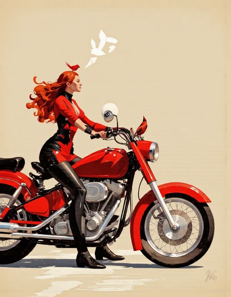 Art by Riccardo Guasco. A digital illustration shoot from the side about a stylized illustration of a woman riding a motorcycle with a bird perched on the steering wheel. the image also shows a woman with long red hair, wearing a red and black outfit, sitting on a red motorcycle. on the middle of the image, a woman, who appears to be in her mid-twenties, is sitting on the motorcycle. she is facing away from the viewer, with her eyes closed and a calm expression on her face. her hair is styled in a long, flowing manner, and she is wearing a black and red outfit with a high collar and long sleeves. she has black boots on her feet. the woman is holding a white ball with the number 8 on it in her right hand, and a small red bird is perched on her head. the background is a simple beige color, and the image has a minimalist design with smooth textures.