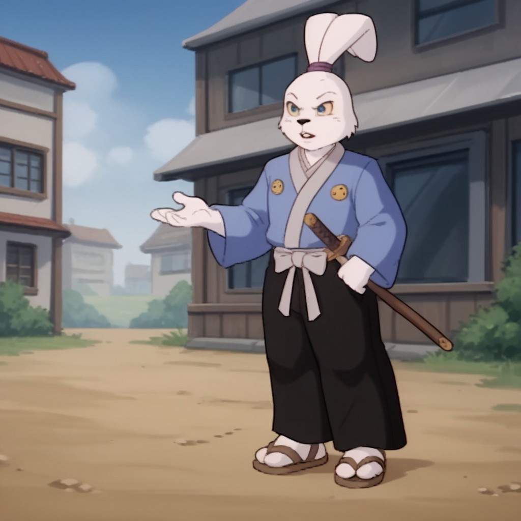 score_9, score_8_up, score_7_up, score_6_up, score_5_up, score_4_up, source_furry, Usagitmnt, anthro, male, rabbit, white fur, rabbit ears, buck teeth, blue eyes, yellow sclera, blue shirt, long sleeves, black pants, ears tied, topknot, purple hairband, socks, sandals, standing, outside, katana, sheathed,