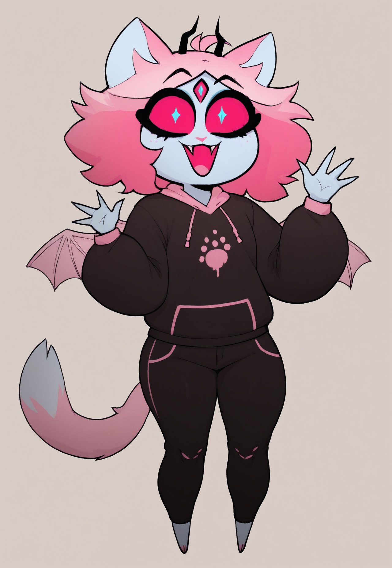 score_9, score_8_up, score_7_up, score_6_up, score_5_up, score_4_up, 1girl, pink hair, wings, colored sclera, one hand up waving, open mouth, animal ears, cat ears, curvy, side