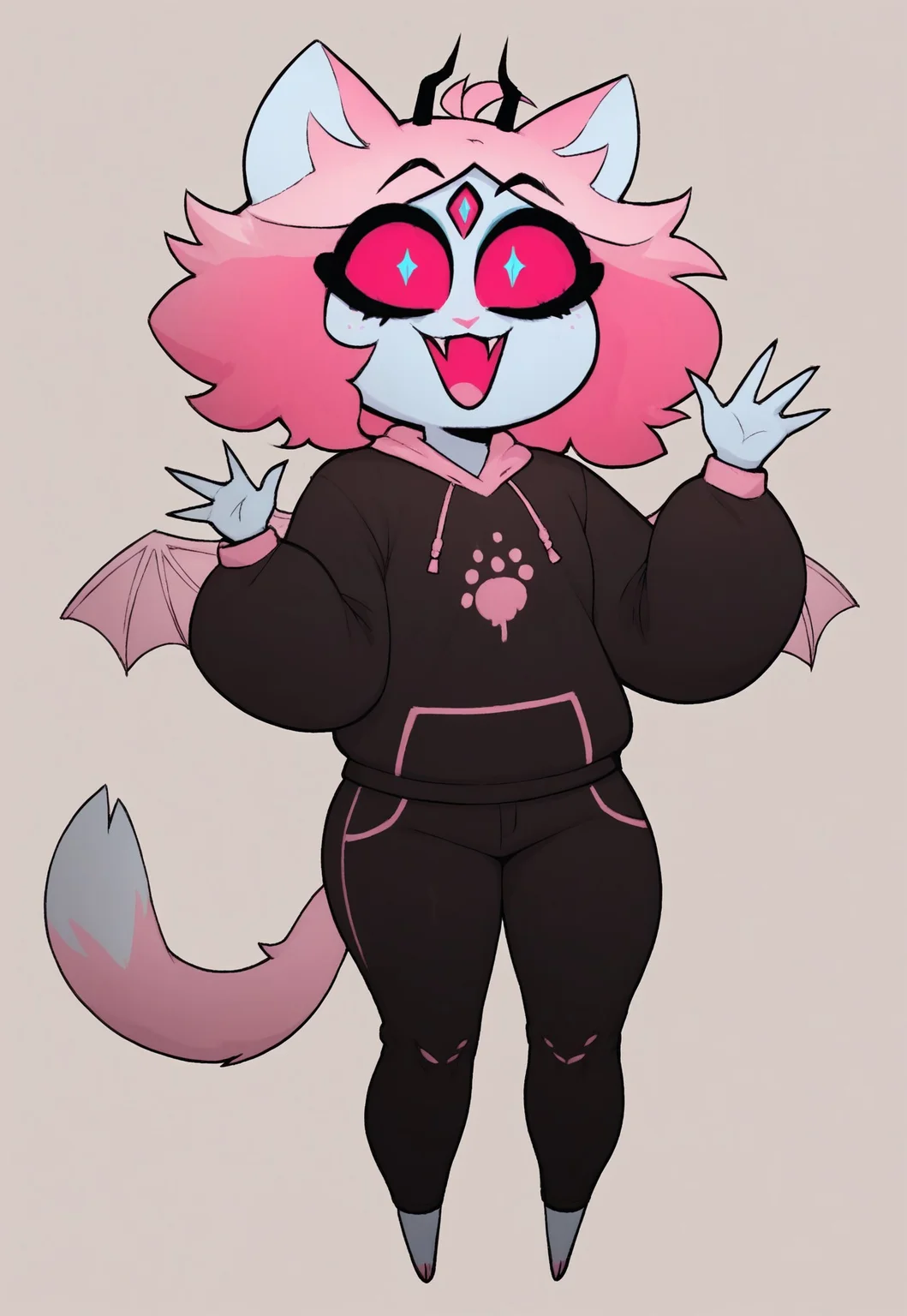 score_9, score_8_up, score_7_up, score_6_up, score_5_up, score_4_up, 1girl, pink hair, wings, colored sclera, one hand up waving, open mouth, animal ears, cat ears, curvy, side