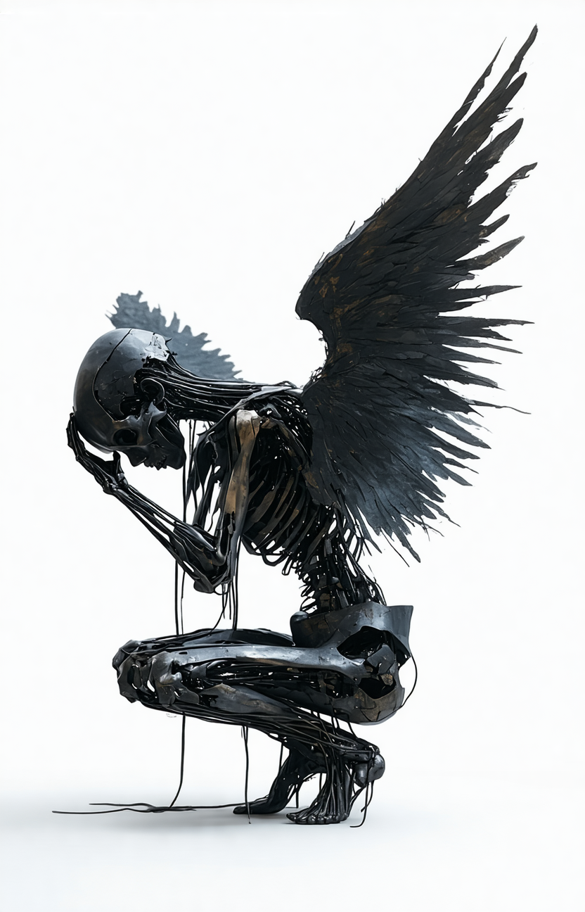 A dark, winged figure crouches, resembling a mechanical or skeletal being. The large, tattered wings are spread, appearing fragile and worn. The figure's body is composed of metal-like materials, intricately designed to resemble a humanoid form. Set against a stark, white background, the figure gives off a mysterious and somber aura, evoking themes of decay, resilience, and otherworldliness