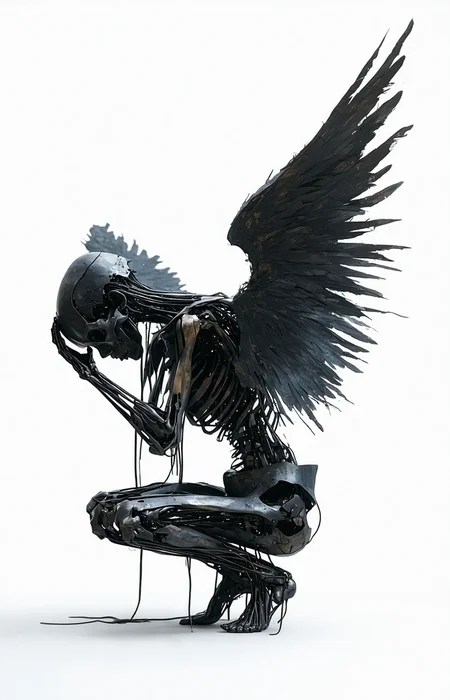 A dark, winged figure crouches, resembling a mechanical or skeletal being. The large, tattered wings are spread, appearing fragile and worn. The figure's body is composed of metal-like materials, intricately designed to resemble a humanoid form. Set against a stark, white background, the figure gives off a mysterious and somber aura, evoking themes of decay, resilience, and otherworldliness