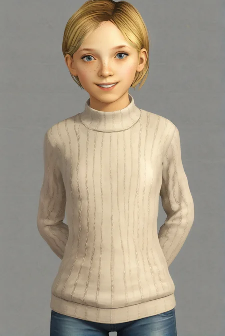 render, sarah_miller(classic), short hair, blonde hair, blue eyes, freckles, flat chest, wool sweater, jeans, smile, cowboy shot,   <lora:Sarah_Miller-mdf:1>
