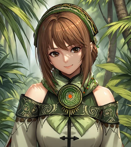 score_9, score_8_up, score_7_up, score_6_up, score_5_up, score_4_up, BREAK source_anime,
1girl, solo, <lora:BaoSanniangDW9:0.9>, Bao Sanniang, brown eyes, brown hair, medium hair, hair ornament, medium breasts, jewelry, green top, green scarf, bare shoulders, detached sleeves, black shorts, fingerless gloves, legband, sandals,
looking at viewer, smile,
outdoors, jungle, upper body, portrait
<lora:piroponyv3:1>, <lora:Chocochip:0.8>,