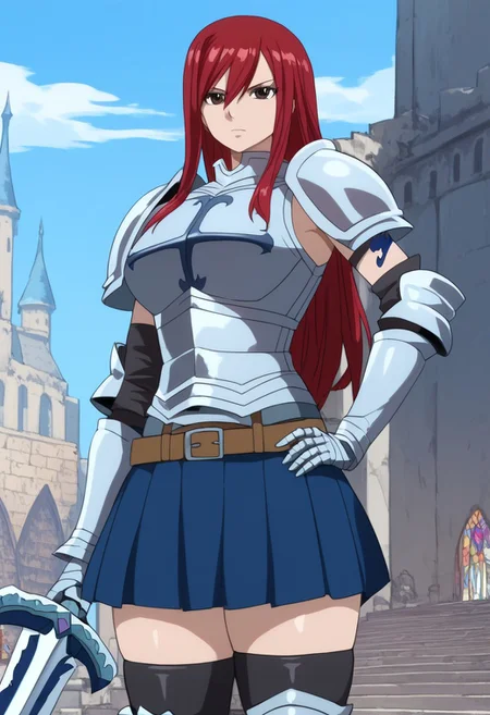 (score_9, score_8_up, score_7_up, high quality, best quality, ultra-detailed, very aesthetic, illustration, perfect composition, intricate details, absurdres, high res image, masterpiece, vibrant colors, beautiful face, detailed face, 1girl, solo focus, perfect eyes, detailed eyes), erza scarlet, Erza_Scarlet, long hair, red hair, hair between eyes, brown eyes, pale skin, thighs, perfect body, voluptuous, large breasts, curvy body, narrow-waisted, wide hips, (skirt, thighhighs, boots, belt, sword, armor, gauntlets, armored boots, greaves, knight), (neutral face, hand on hip), (fantasy, outdoors, castle)