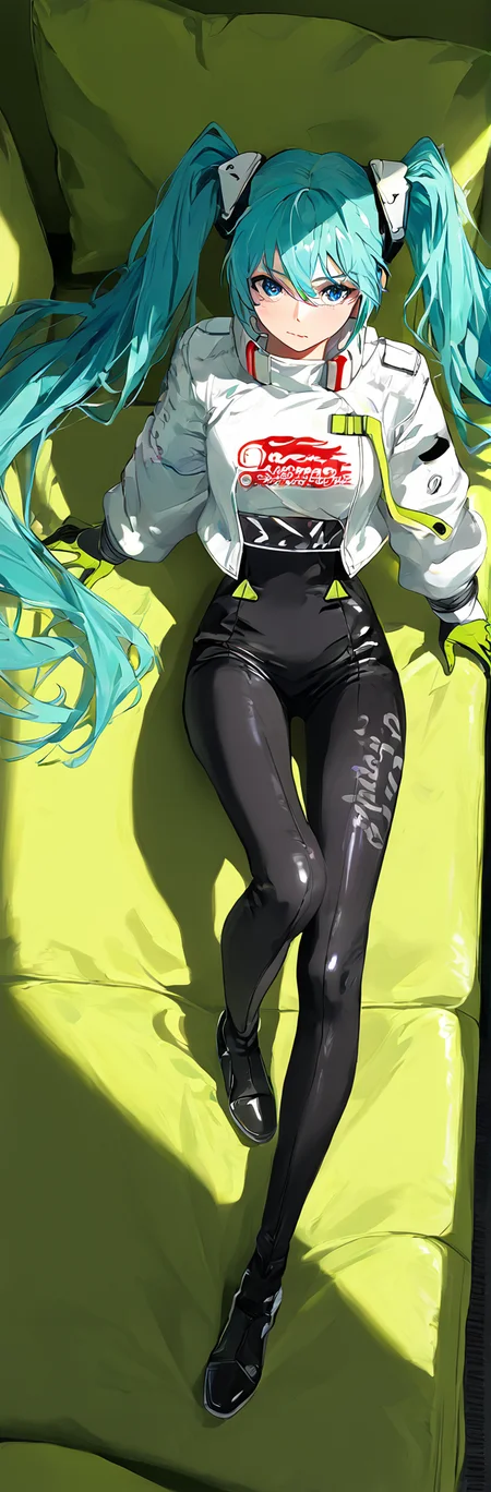 score_9,score_8_up,score_7_up,,source_anime BREAK, 1girl, solo,, s1_dram, from above, on sofa, RHM22, hatsune miku, 1girl, racing miku, solo, green gloves, twintails, long hair, blue eyes, black bodysuit , two-tone gloves, aqua hair, hair between eyes, jacket, long sleeves, white jacket, long legs<lora:S1_Dramatic_Lighting_v2:0.8>,<lora:ã¬ã¼ã·ã³ã°ãã¯22:1>