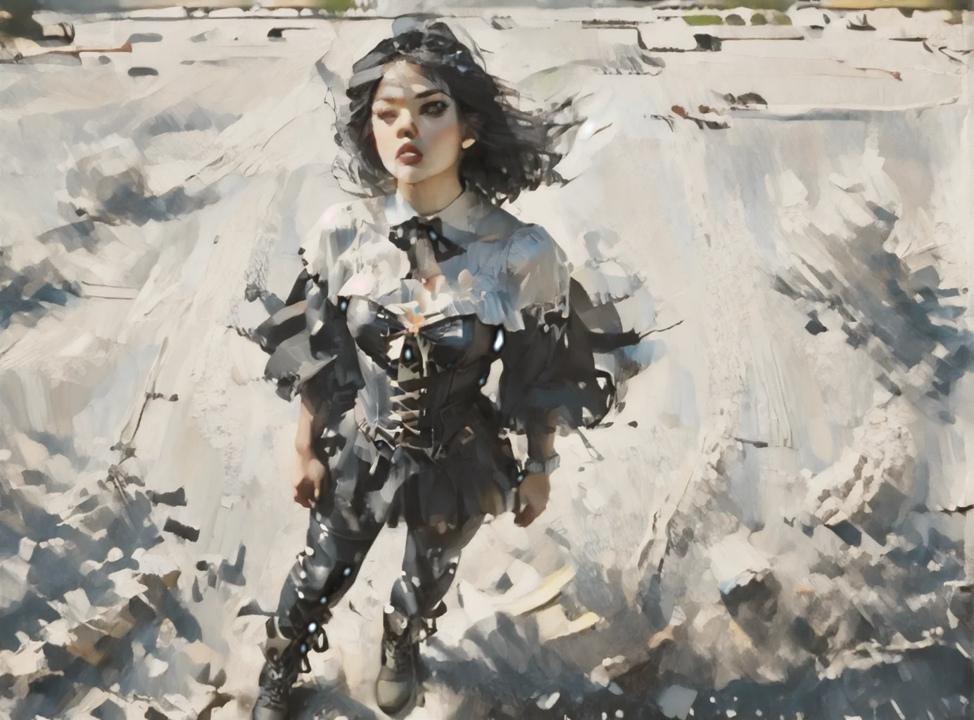 score_9, score_8_up, score_7_up, Fighting scene, shot from above, looking up against all odds, 1girl, pale skin, medium breasts, <lora:sm0k3XLP:1>, <lora:goth_clothes:1>, lace-up cords, corset, black combat boots, Black hair, white highlights, <lora:Our_Muted_Future_Style:1>, <lora:OilpaintIMP:1> 0cmtr1g, 0cm, 0cm1sc, 4rch,