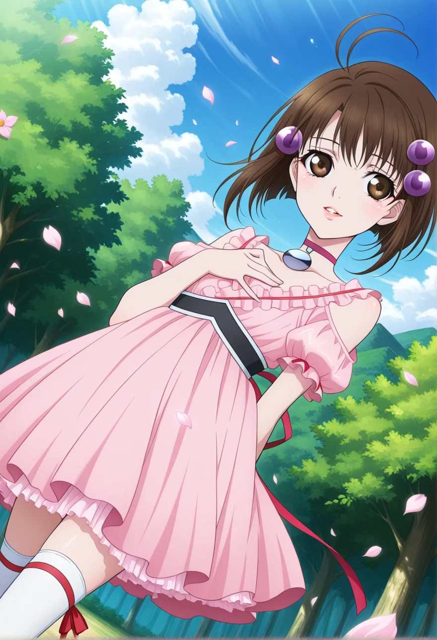 light smile, parted lips, hand on chest, from behind, looking back, flower petals,
cowboy shot, dynamic angle,
BREAK,
<lora:reala_illustriousXL_v01:0.95>
realadef, brown hair, hair ornament, brown eyes, ahoge, short hair,
pendant choker, pink dress, frills, ribbon, collarbone,
white thigh highs,, source_anime, very aesthetic, anime coloring, masterpiece,
best quality, amazing quality, ultra detailed, very aesthetic,
detailed background,
BREAK,, forest, flowers, clouds, day, floating leaves,