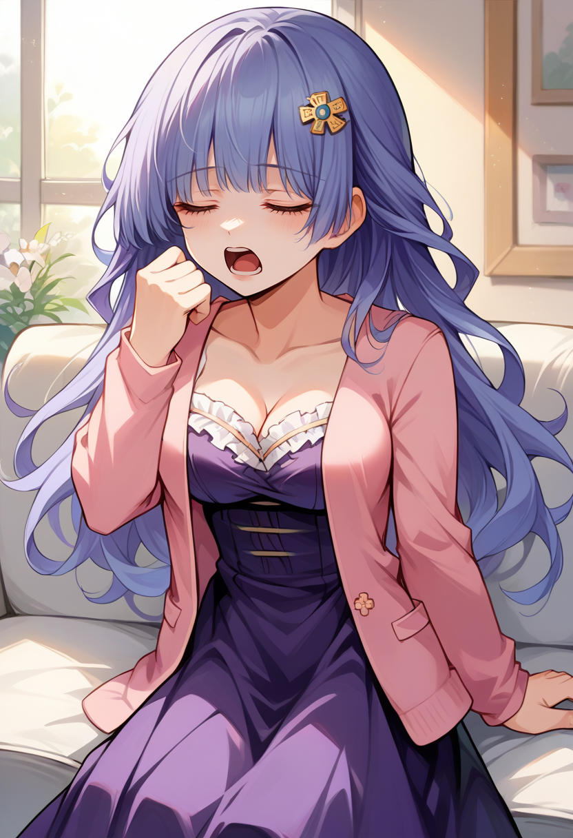 score_9, score_8_up, source_anime, 1girl, solo, IzayoiCasual, long hair, flower hairclip, pink cardigan, purple dress, frills, cleavage, sitting, indoors, on couch, yawning, tired, <lora:ChamMikuIzayoiPonyXL:1>
