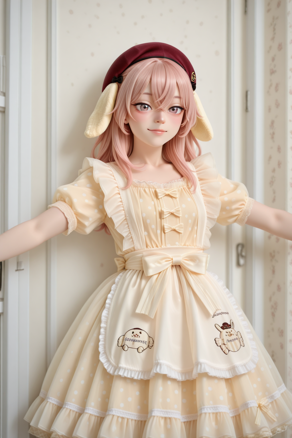masterpiece, best quality, amazing quality, 1girl, solo, makeup, general, looking at viewer, blush, cowboy shot, smile, boutique, indoors, fancy, blush, lovely, spread arms, looking at viewer, <lora:sajuna-inui-s1-illustriousxl-lora-nochekaiser:1>, sajuna inui, inui sajuna, long hair, bangs, hair ornament, hair between eyes, pink hair, pink eyes, two side up, crossed bangs, mature female, small breasts, <lora:PomPomPurinmotifdress:1>, PomPomPurinmotifdress, yellow dress, bow, frills, short sleeves, apron, beret, (floppy ears:1.1), polka dot, hair ornament, white socks, ribbon, lace trim, puffy sleeves, mary janes, stuffed animal, <lora:wai-2Rectified-V140:1>, <lora:Illustrious_-_Refiner:1>