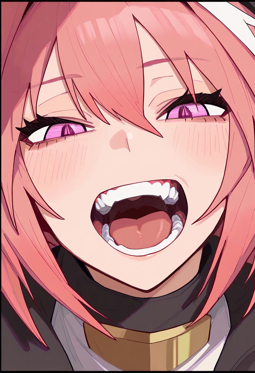 masterpiece, best quality, very aesthetic, high resolution, ultra-detailed, absurdres, newest, extremely detailed eyes, COOLSY, MXSTL, 1girl, astolfo, open mouth, pink eyes, pink hair, short hair, detailed pupils, jewelry, looking at viewer, pink background, teeth, portrait, brooch, pink dress, bangs, hair between eyes, tongue, black border