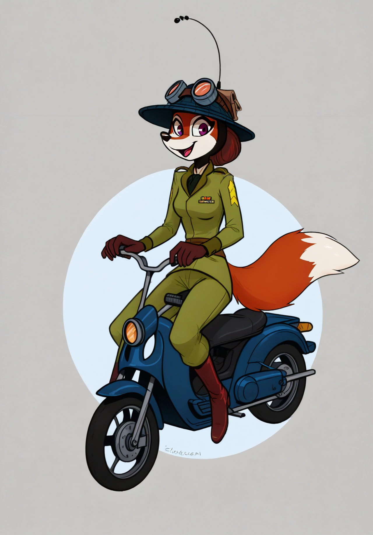 score_9, score_8_up,masterpiece, best quality, amazing quality, masterpiece, best quality, amazing quality, very aesthetic, high resolution, ultra-detailed, absurdres, newest, uniform, boots, windy, pants,
Simple background, dynamic pose,
solo, 1girl,
goofy smile, goggles, bike helmet,
riding a vespa motorbike,
breasts,dynamic pose,
Mouritzeen, female, anthro, fox, purple eyes, red fur, white face, expressive eyebrows, brown hair, 