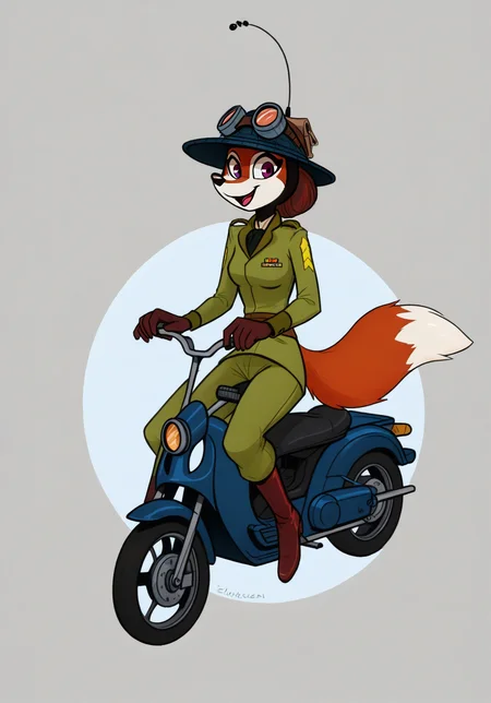 score_9, score_8_up,masterpiece, best quality, amazing quality, masterpiece, best quality, amazing quality, very aesthetic, high resolution, ultra-detailed, absurdres, newest, uniform, boots, windy, pants,
Simple background, dynamic pose,
solo, 1girl,
goofy smile, goggles, bike helmet,
riding a vespa motorbike,
breasts,dynamic pose,
Mouritzeen, female, anthro, fox, purple eyes, red fur, white face, expressive eyebrows, brown hair, 