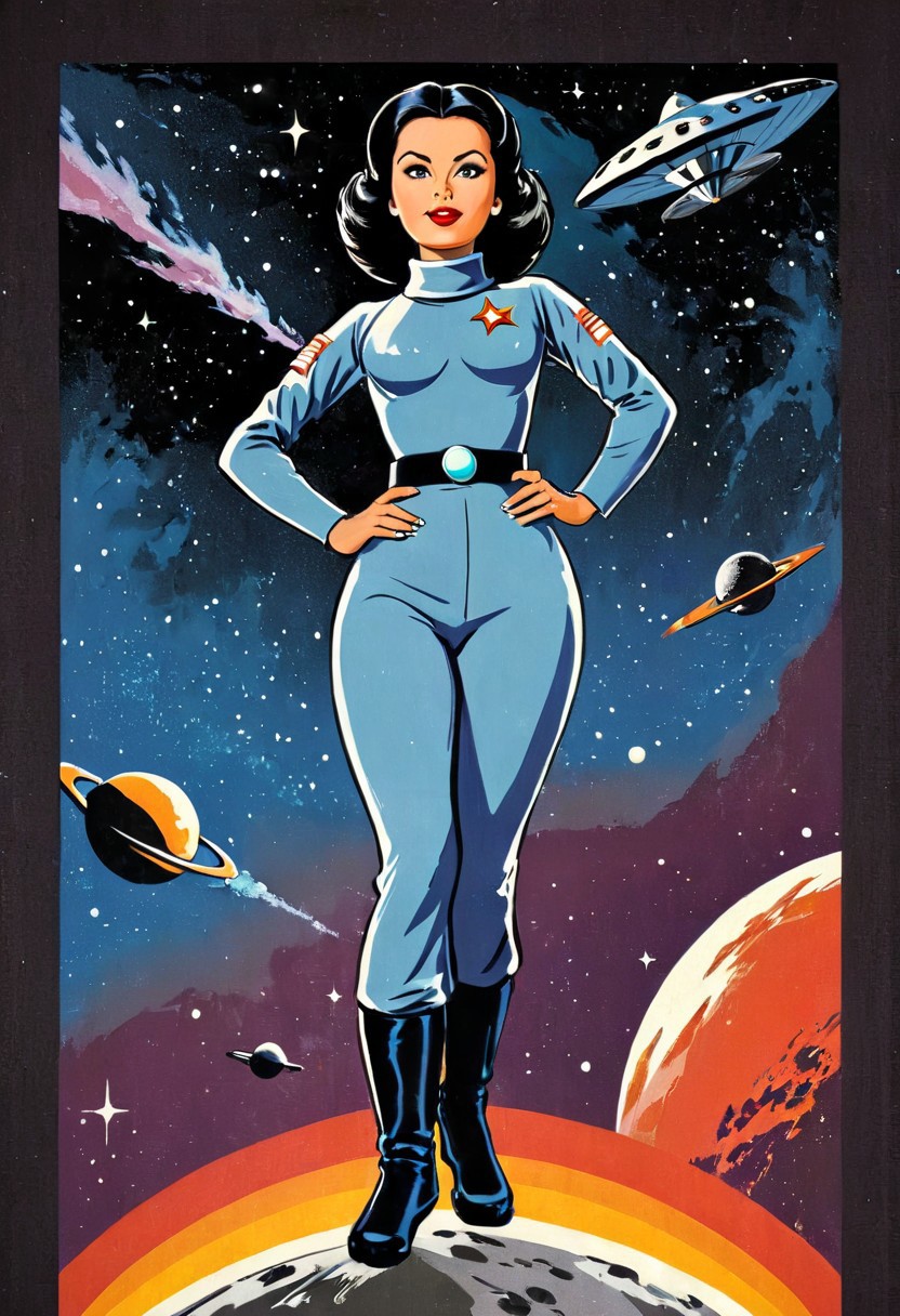 soviet movie poster, 1950-s cosmonaut woman, far space, nebula, sputnik, in the style of steven-rhodes, Retro Illustration Style, <lora:steven-rhodes-sdxl-v1-000046:0.6>, Humorous Elements, Simplistic Details, black hair, standing on a meteor, hand on hip, looking forward, confident facial expression