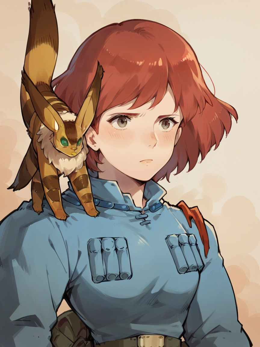 score_9, score_8_up, score_7_up, score_6_up, score_5_up,    <lora:Nausicaa:1> nausicaa, 1girl, red hair, short hair, uniform, animal on shoulder