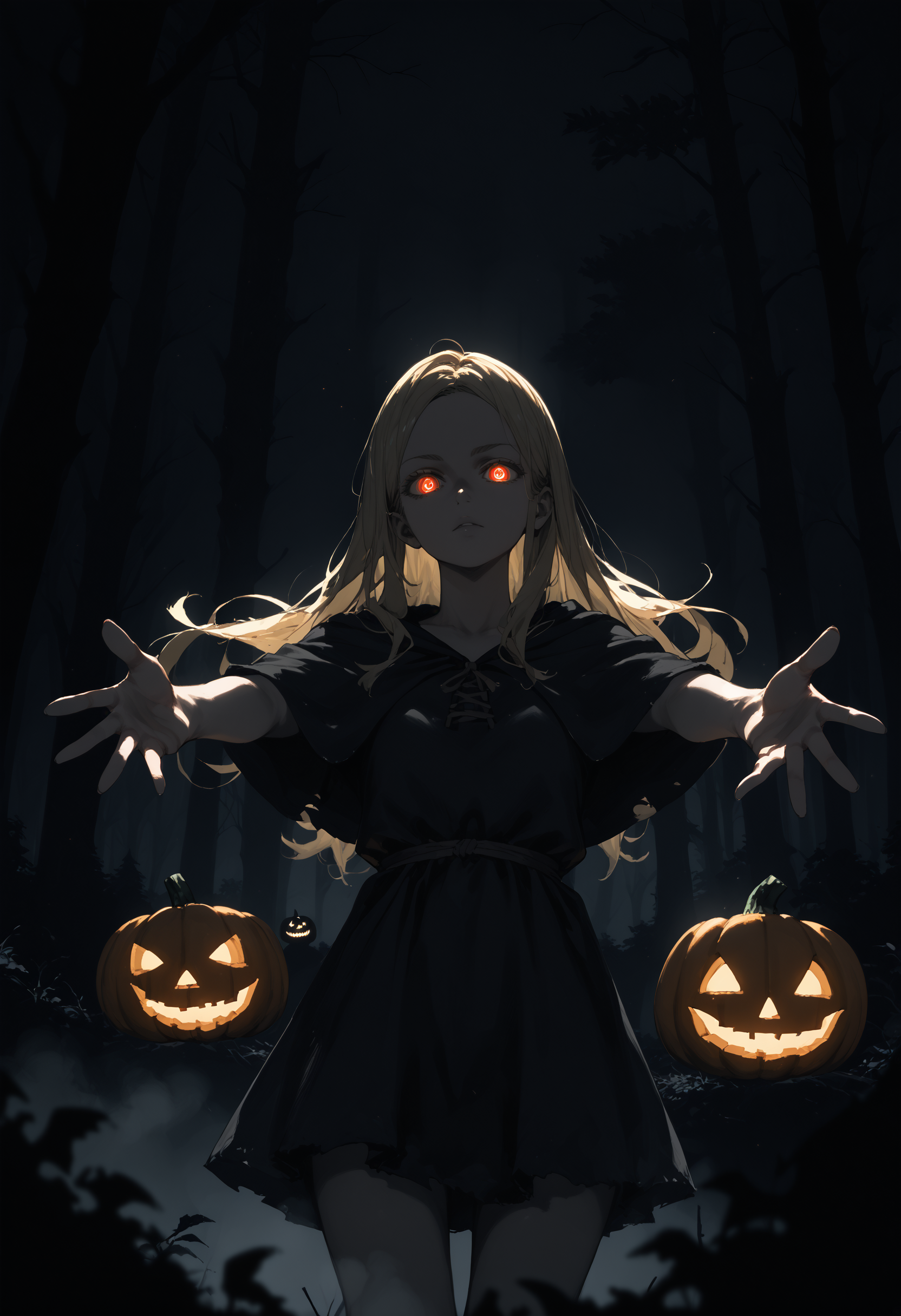 score_9, score_8_up, score_7_up, score_6_up, <lora:dark_v1.9-pony:1.0> 
black theme, dark theme, dark background, 
1girl, long hair, blonde hair,
looking at viewer, 
forest, night, tree, fog,
jack-o'-lantern, witch, short dress, dim lighting, glowing eyes, outstretched arms, silhouette,