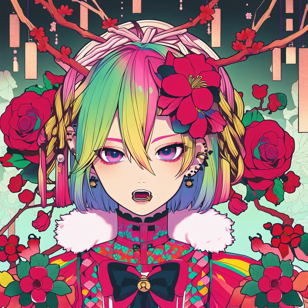 (masterpiece, best quality), (solo, 1girl), (blonde hair, pink hair, green hair, gradient hair, short hair, hair between eyes, hair flower, hair ornament), (multicolored eyes, purple eyes, looking at viewer), (flower, red flower), open mouth, bangs, piercing, ear piercing, jewelry, earrings, jingle bell, branch,