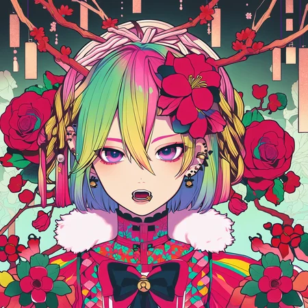 (masterpiece, best quality), (solo, 1girl), (blonde hair, pink hair, green hair, gradient hair, short hair, hair between eyes, hair flower, hair ornament), (multicolored eyes, purple eyes, looking at viewer), (flower, red flower), open mouth, bangs, piercing, ear piercing, jewelry, earrings, jingle bell, branch,