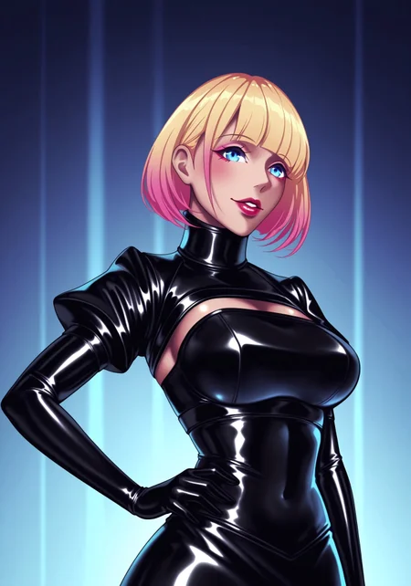 paint_lab, 1 girl, blonde hair, pink highlights, bobcut, blue eyes, full lips, glossy lips, black latex clothing, skintight clothing, shrug, elbow gloves, skirt, halter top, one hand on hip, one hand gesturing, experimental facility background, dim ambient lighting