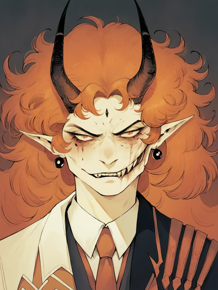 score_9, score_8_up, score_7_up, score_6_up, score_5_up, <lora:hagushkaXLP:1> hagushka, fine art parody, orange hair, demon girl,