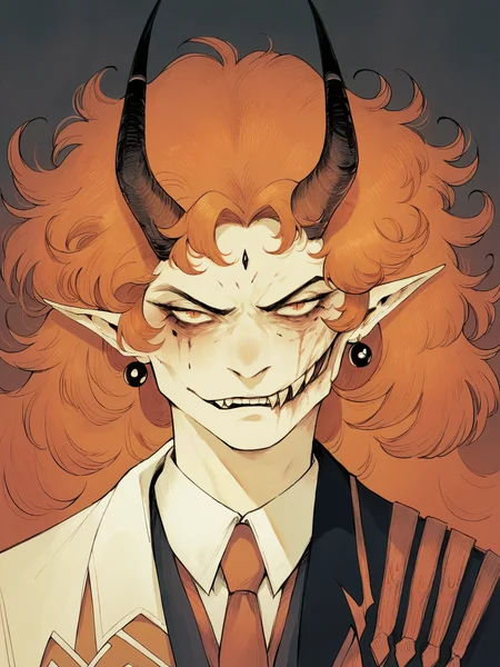 score_9, score_8_up, score_7_up, score_6_up, score_5_up, <lora:hagushkaXLP:1> hagushka, fine art parody, orange hair, demon girl,